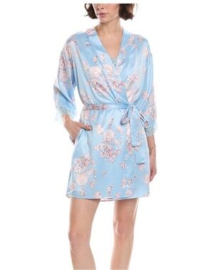 Flora Nikrooz Robe - ivy blue/white floral satiny belted lightweight